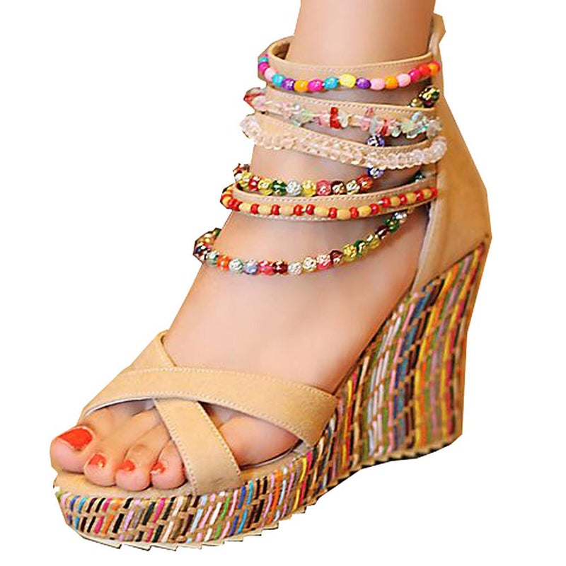 getmorebeauty Women's Wedge Sandals Pearls Across The Top Platform High Heels (10 US,Beige) - Image 5